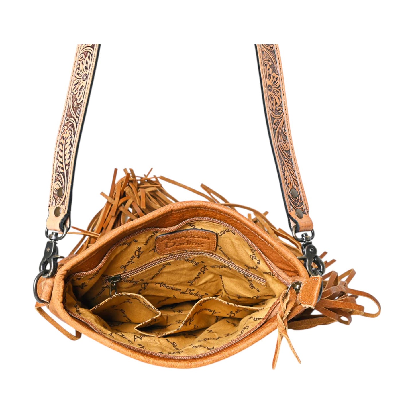 ADBG256 – Axis Cowhide & Hand-Tooled Leather Messenger Bag with Fringe | Western Crossbody by American Darling