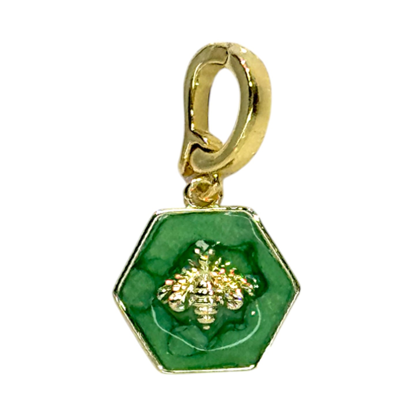 Honeycomb Bee Charm – Green Enamel Hexagon in Triple Plated 18K Gold with Clasp