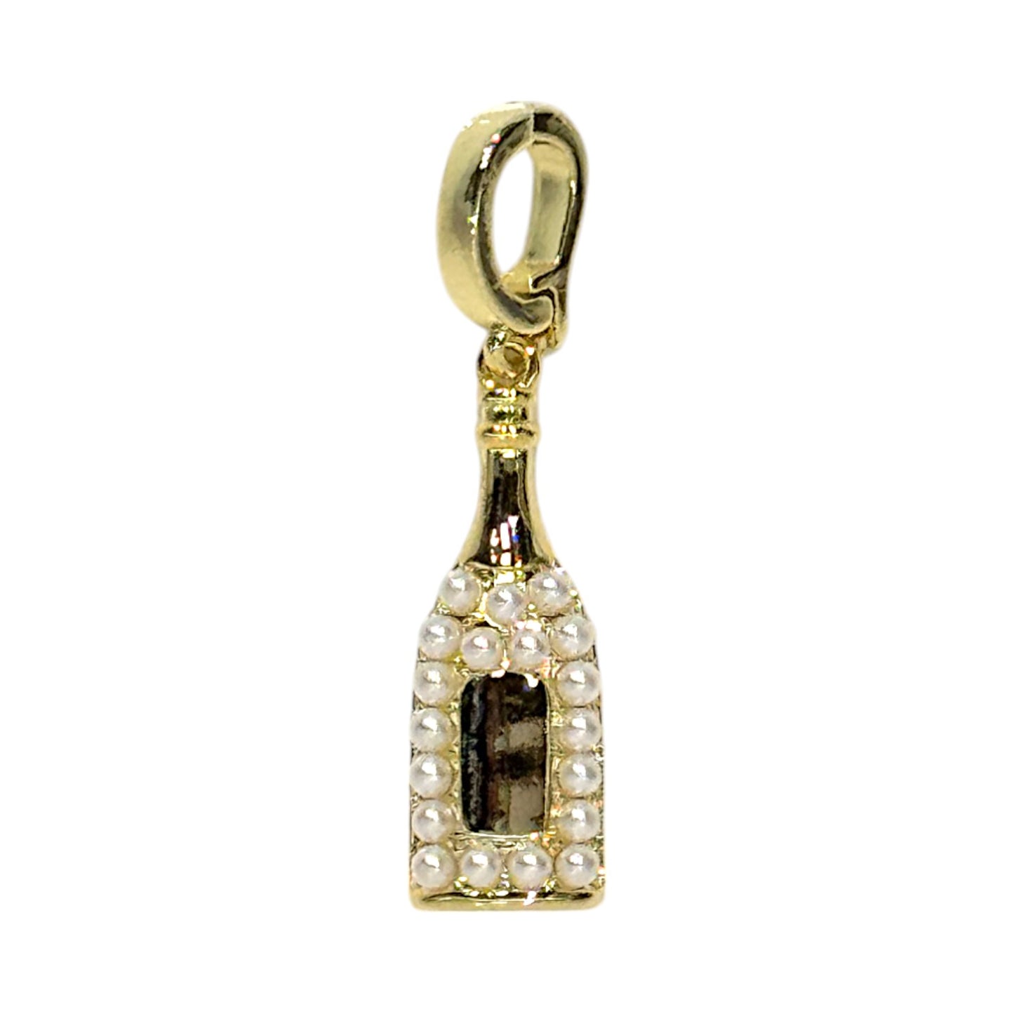 Champagne Bottle Charm – Pearl Accents in Triple Plated 18K Gold with Clasp