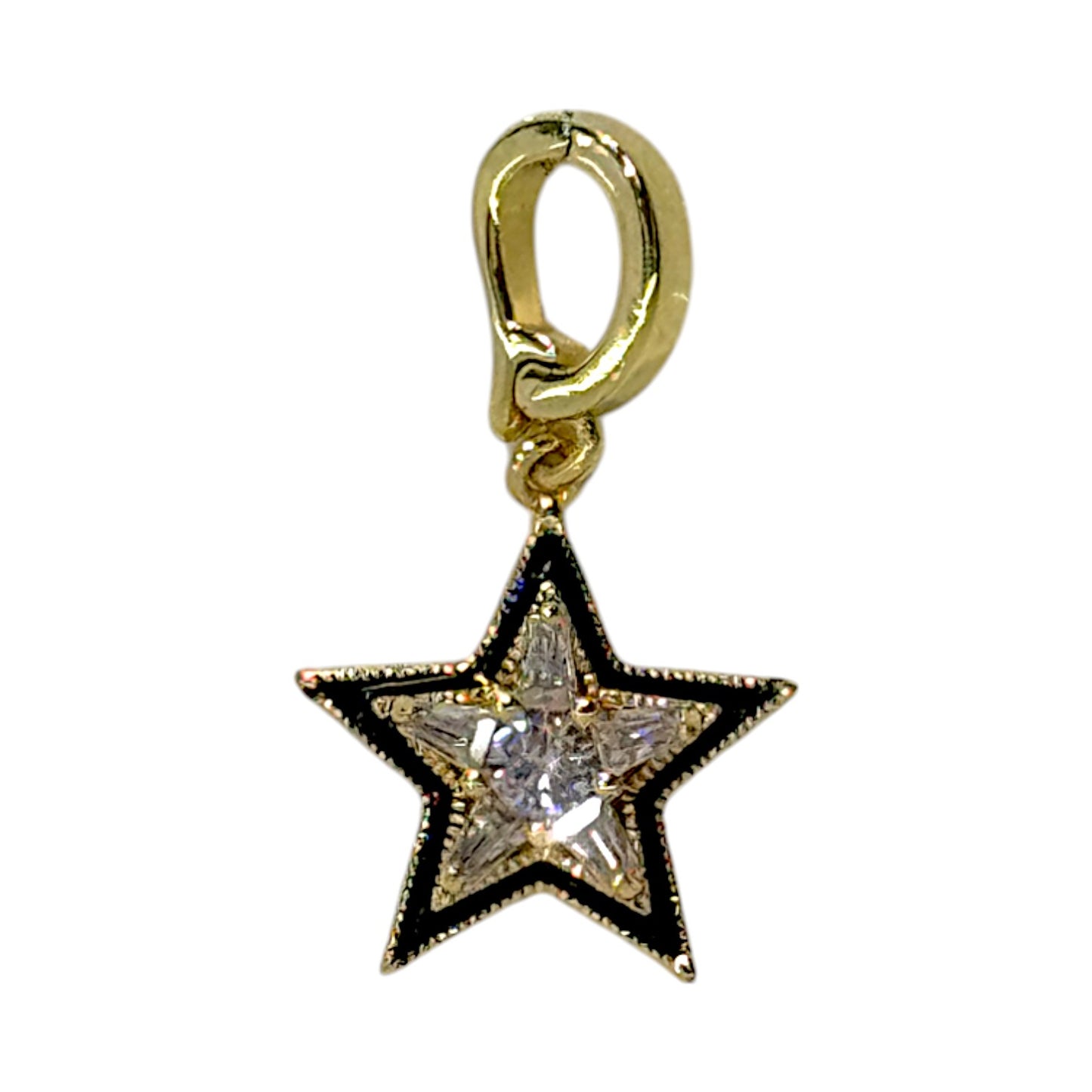 Star Charm – Black Enamel with Rhinestone Center in Triple Plated 18K Gold with Clasp