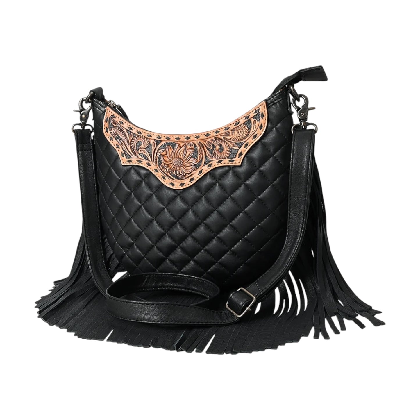 ADBG1686 – Hand-Tooled & Quilted Leather Fringe Crossbody Bag