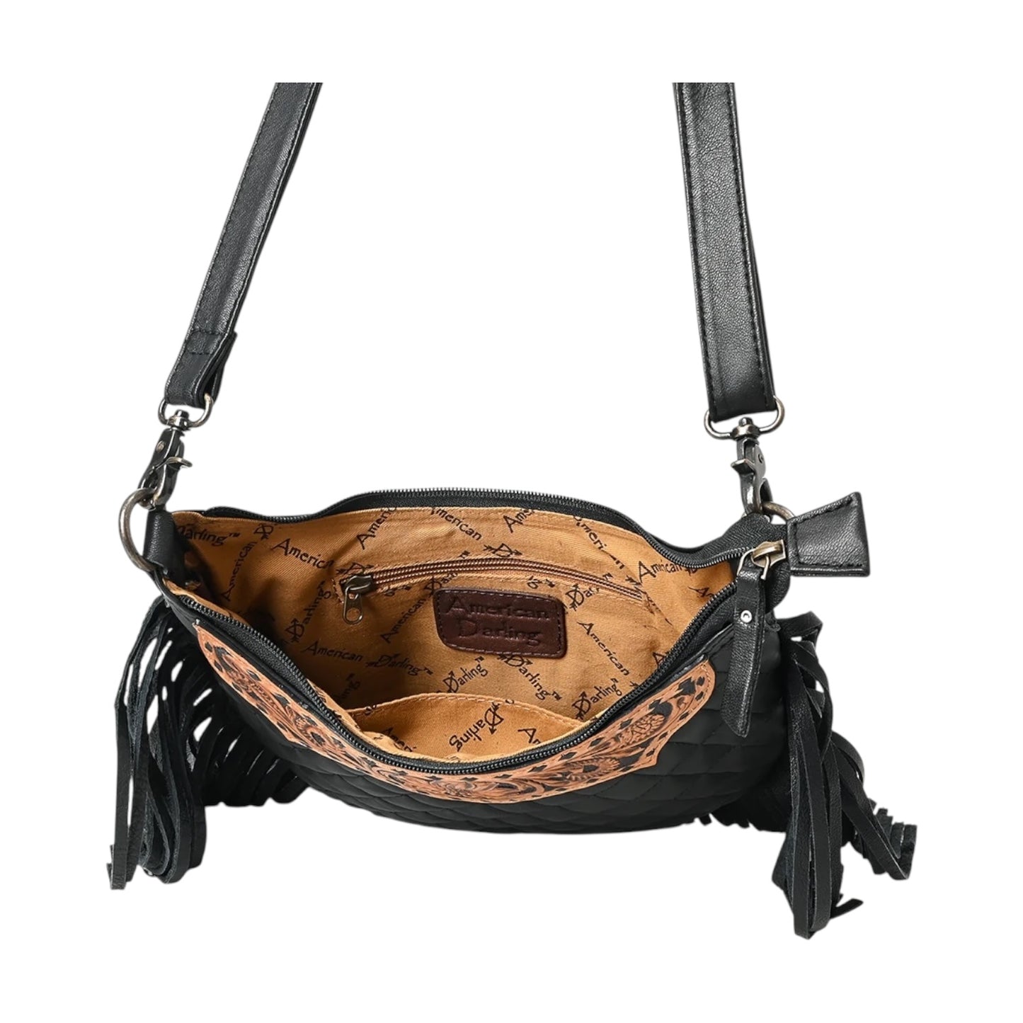 ADBG1686 – Hand-Tooled & Quilted Leather Fringe Crossbody Bag