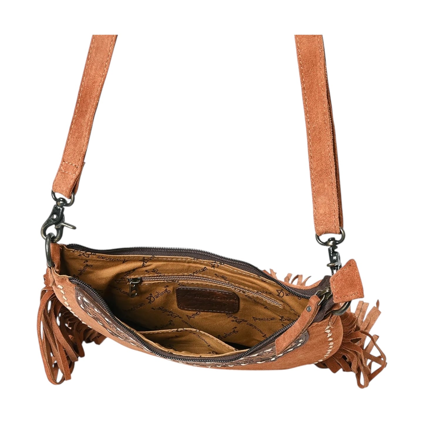 ADBG1663 – Suede Fringe Crossbody Bag with Hand-Tooled Leather