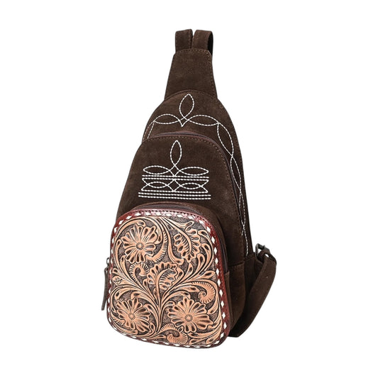 ADBG1573 – Western Suede Sling Bum Bag with Hand Tooled Leather & Boot Stitch