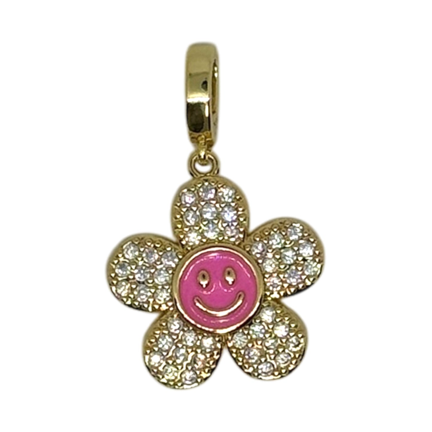 Smiley Flower Charm – Pink Enamel & Rhinestones in Triple Plated 18K Gold
