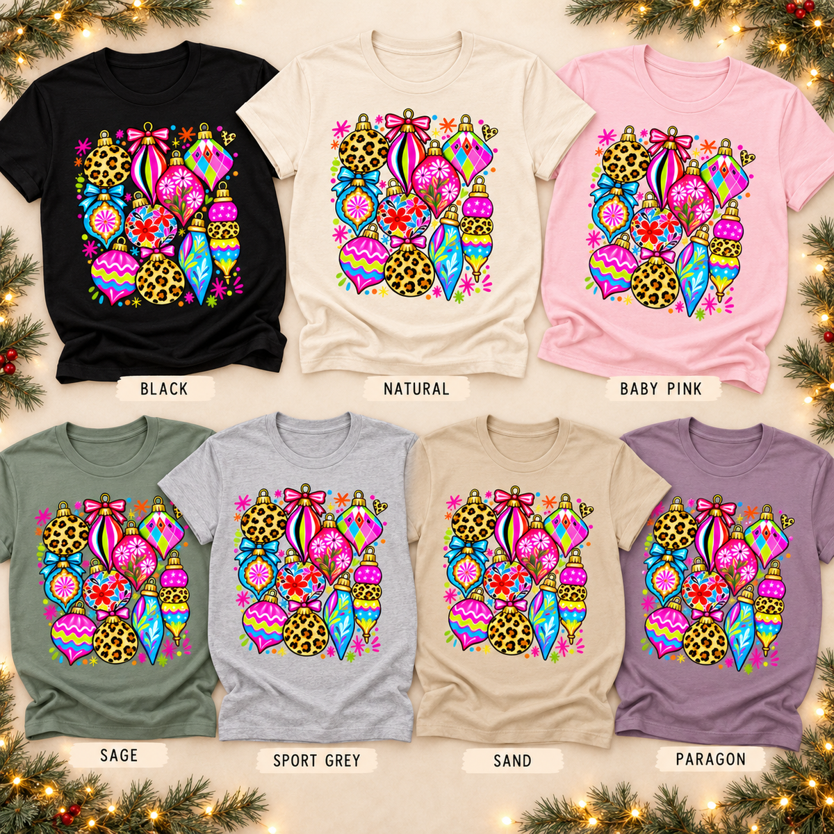 Retro Christmas Ornaments Graphic Tee – Colorful Holiday Shirt