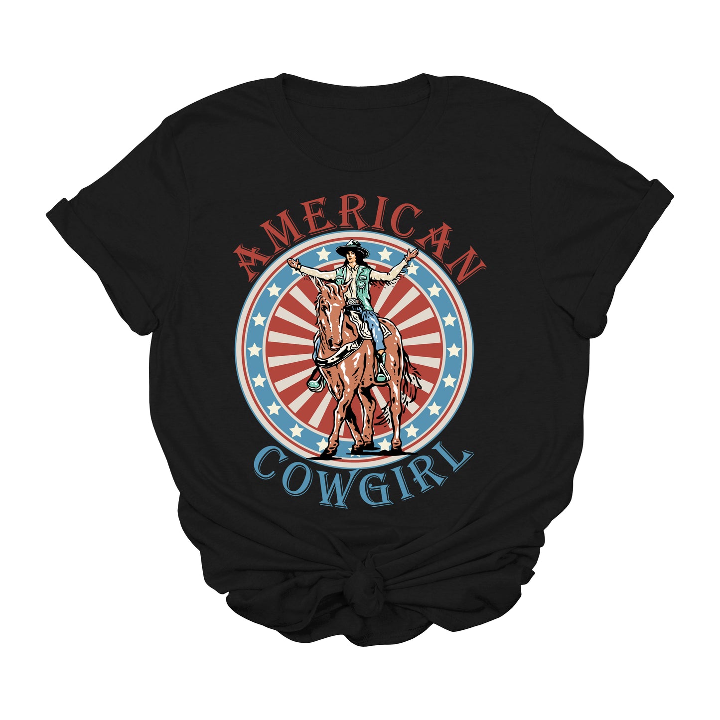 American Cowgirl Graphic Tee – Patriotic Rodeo Shirt for 4th of July & Western Style