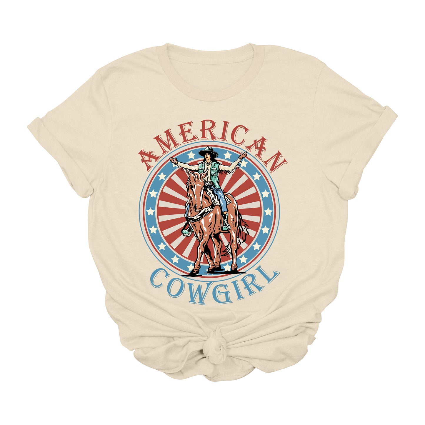 American Cowgirl Graphic Tee – Patriotic Rodeo Shirt for 4th of July & Western Style
