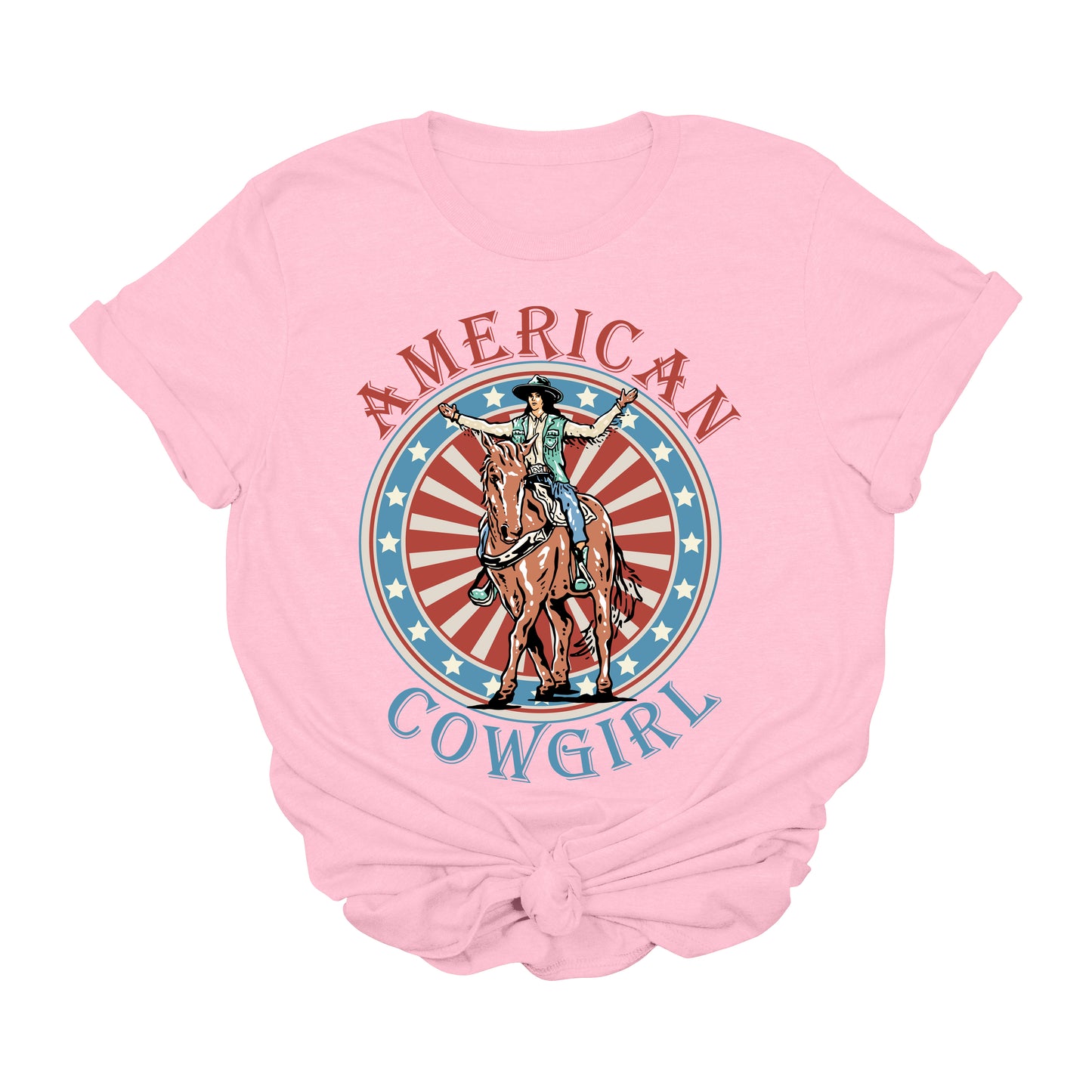 American Cowgirl Graphic Tee – Patriotic Rodeo Shirt for 4th of July & Western Style