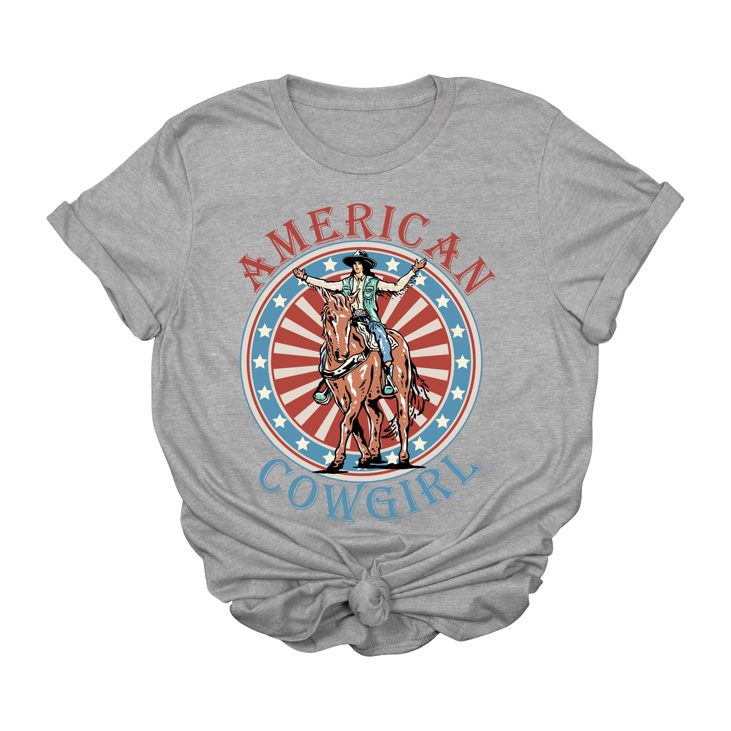 American Cowgirl Graphic Tee – Patriotic Rodeo Shirt for 4th of July & Western Style