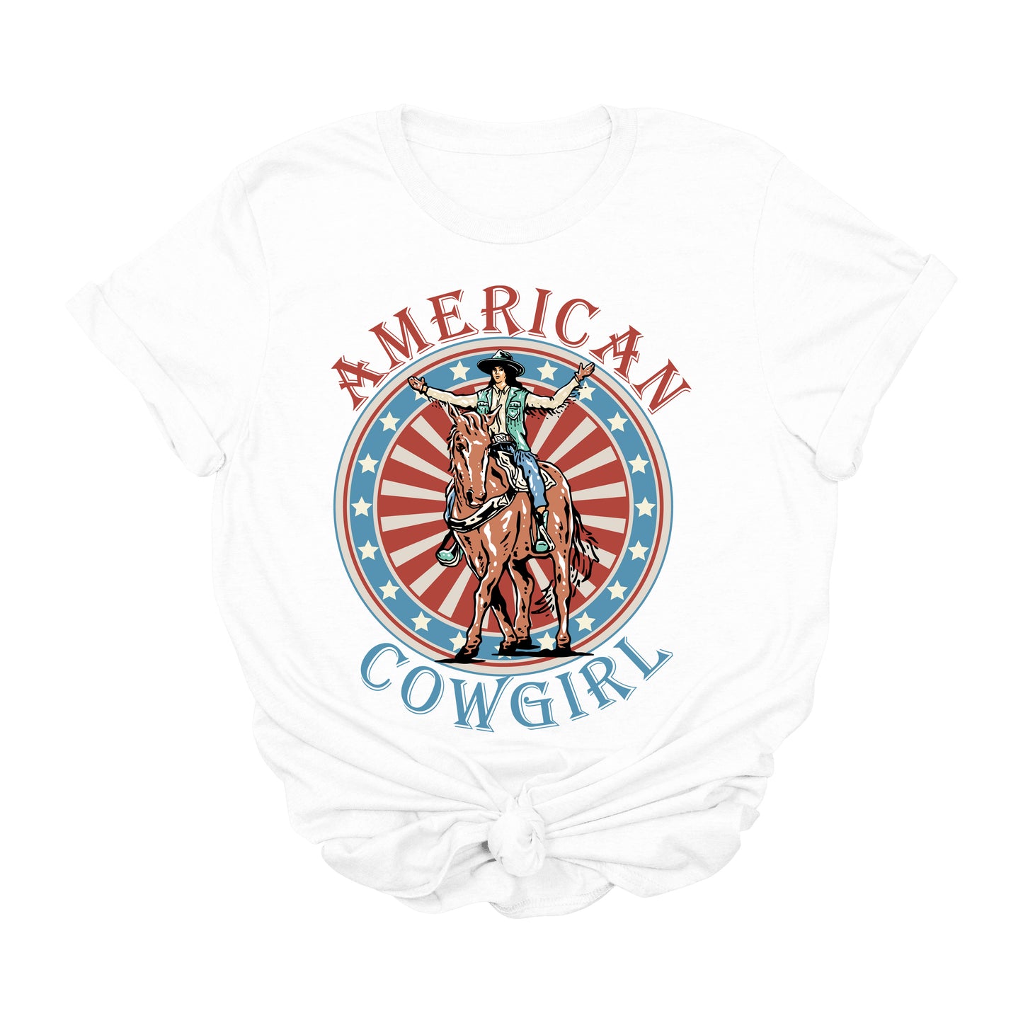 American Cowgirl Graphic Tee – Patriotic Rodeo Shirt for 4th of July & Western Style