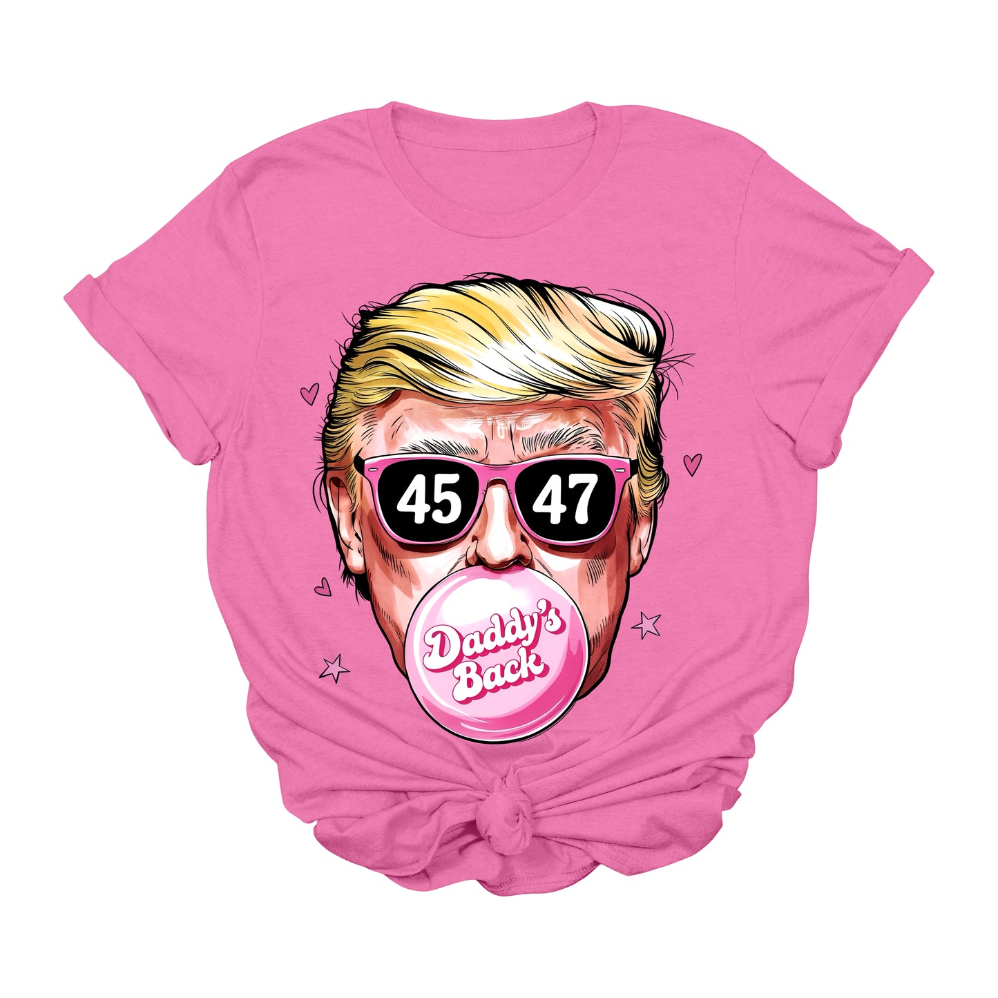 Daddy’s Back Bubblegum Trump T-Shirt | 45 & 47 Sunglasses Graphic Tee | Funny Pink MAGA Shirt | Conservative Pop Art Political Tee | Patriotic USA Apparel