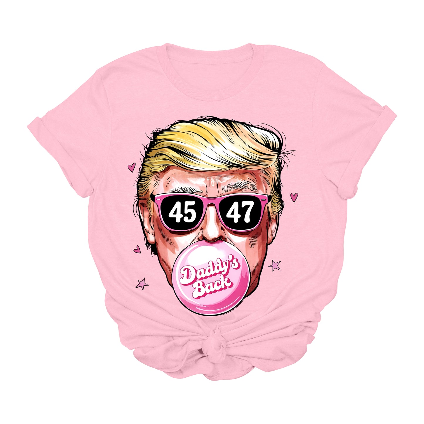 Daddy’s Back Bubblegum Trump T-Shirt | 45 & 47 Sunglasses Graphic Tee | Funny Pink MAGA Shirt | Conservative Pop Art Political Tee | Patriotic USA Apparel