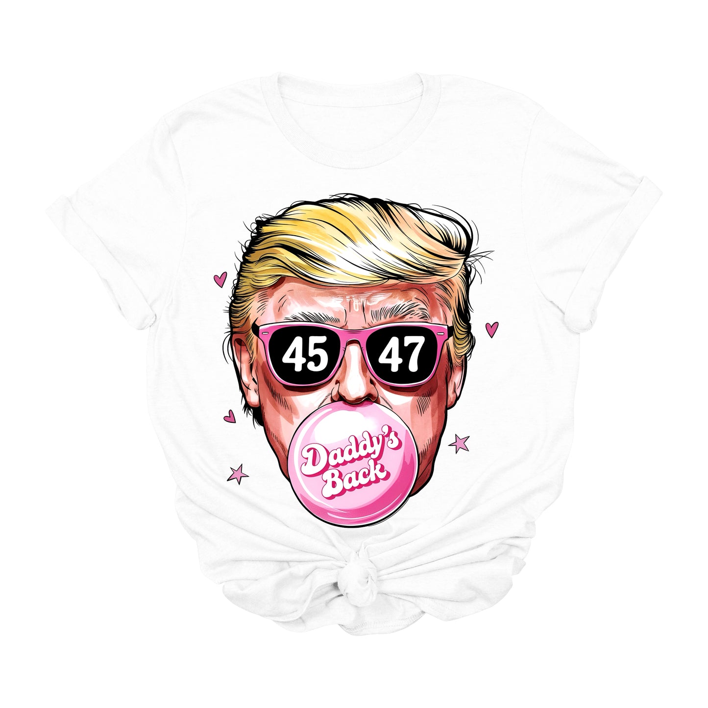 Daddy’s Back Bubblegum Trump T-Shirt | 45 & 47 Sunglasses Graphic Tee | Funny Pink MAGA Shirt | Conservative Pop Art Political Tee | Patriotic USA Apparel