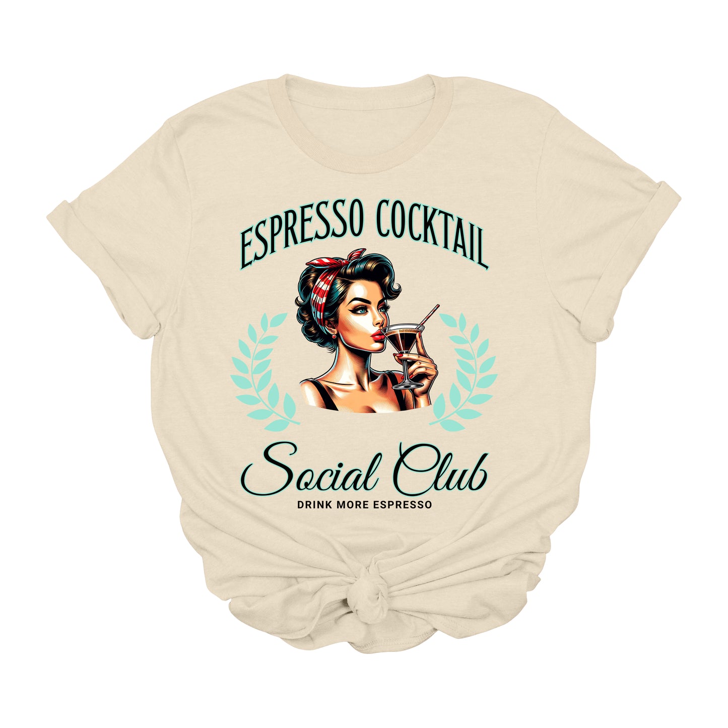 Espresso Cocktail Graphic T-Shirt | Vintage Social Club Coffee Tee | Retro Pin-Up Girl Barista Shirt | Funny Espresso Martini T-Shirt | Caffeine Lover Graphic Tee | Brunch Babe Aesthetic Shirt