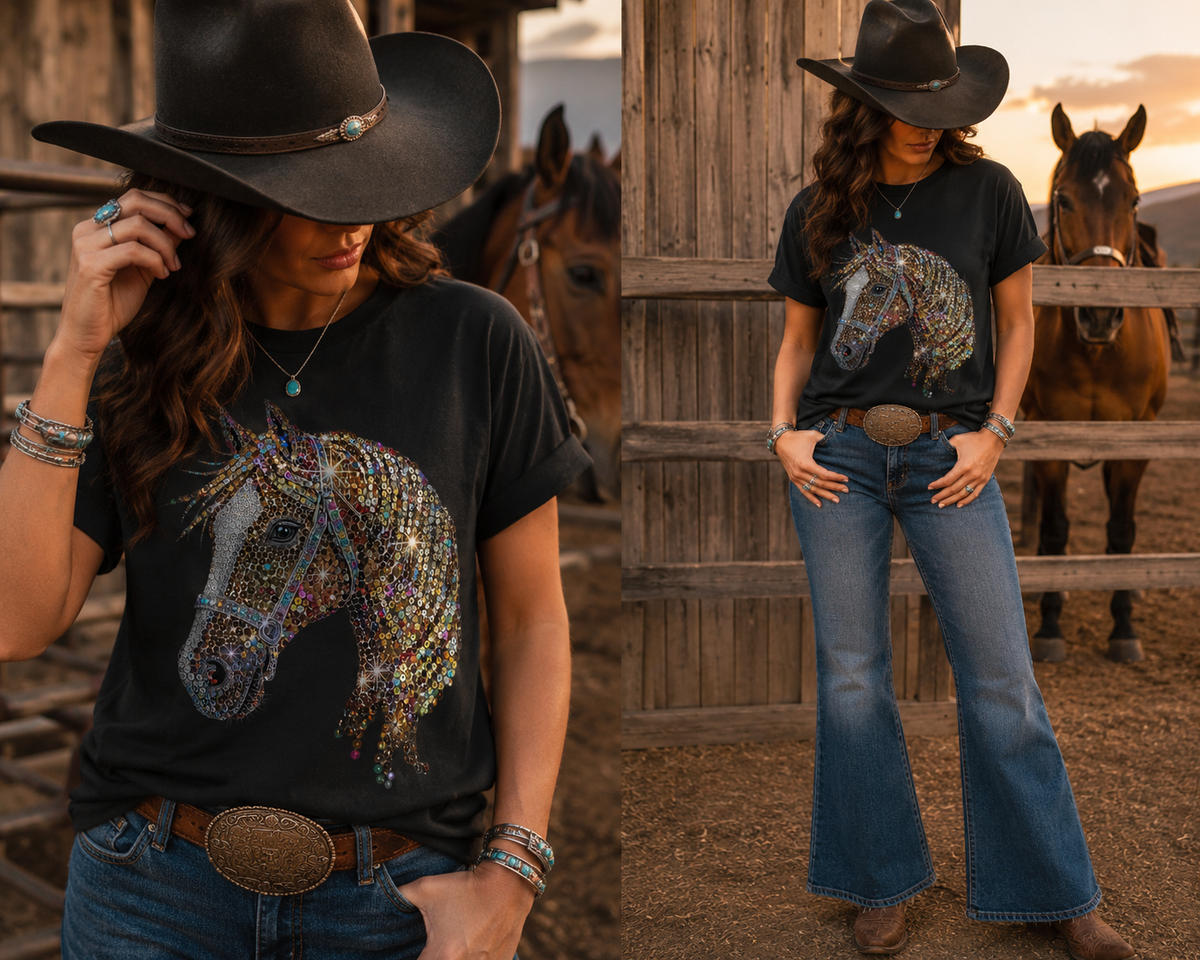 Sequin Diamond Horse Graphic Tee | Glam Western Cowgirl Bling T-Shirt