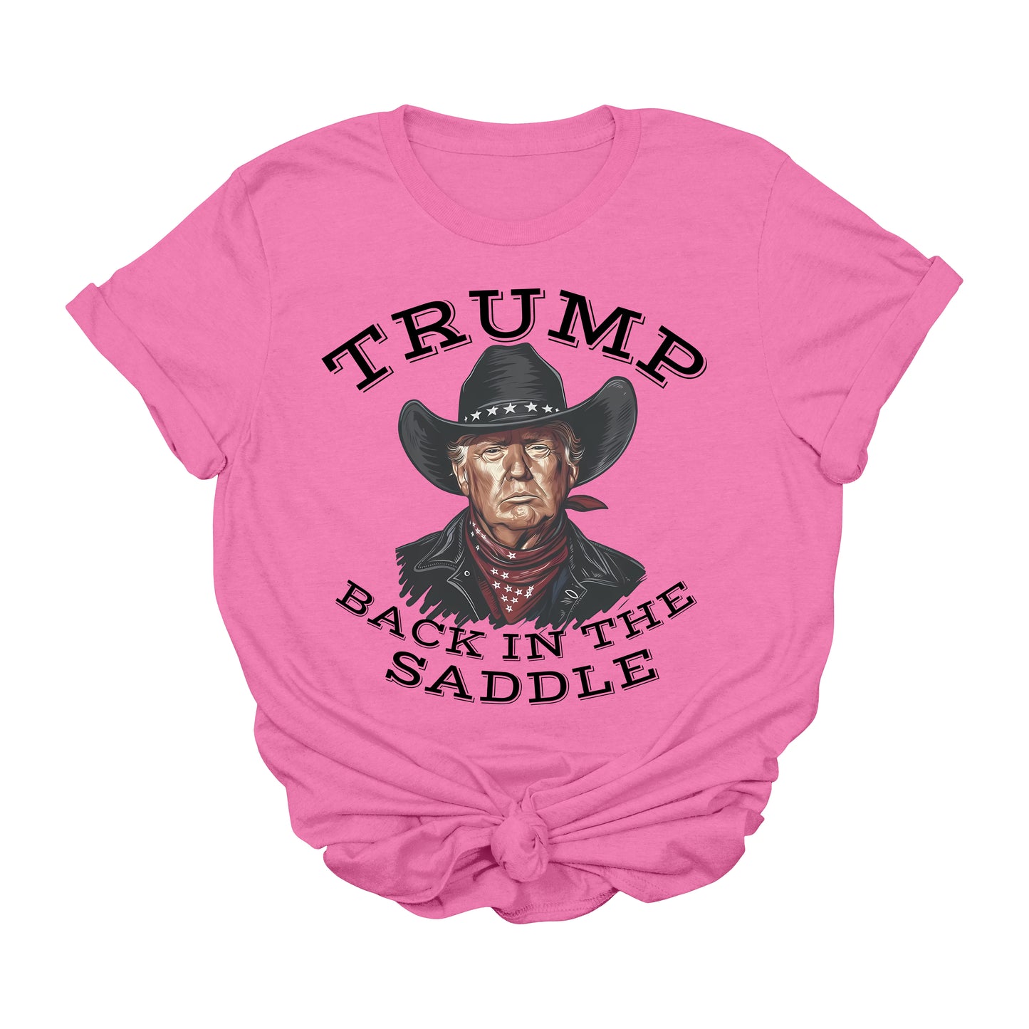 Trump Back in the Saddle T-Shirt | Cowboy Western Trump Graphic Tee | Political Comeback Shirt | Patriotic Conservative Apparel | Unisex USA T-Shirt