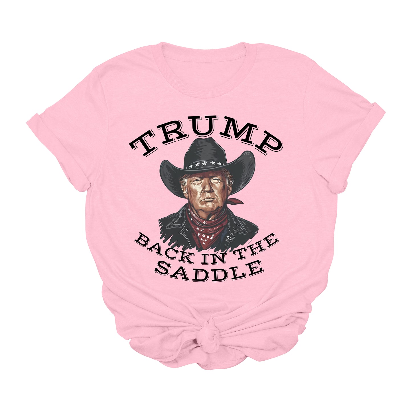 Trump Back in the Saddle T-Shirt | Cowboy Western Trump Graphic Tee | Political Comeback Shirt | Patriotic Conservative Apparel | Unisex USA T-Shirt