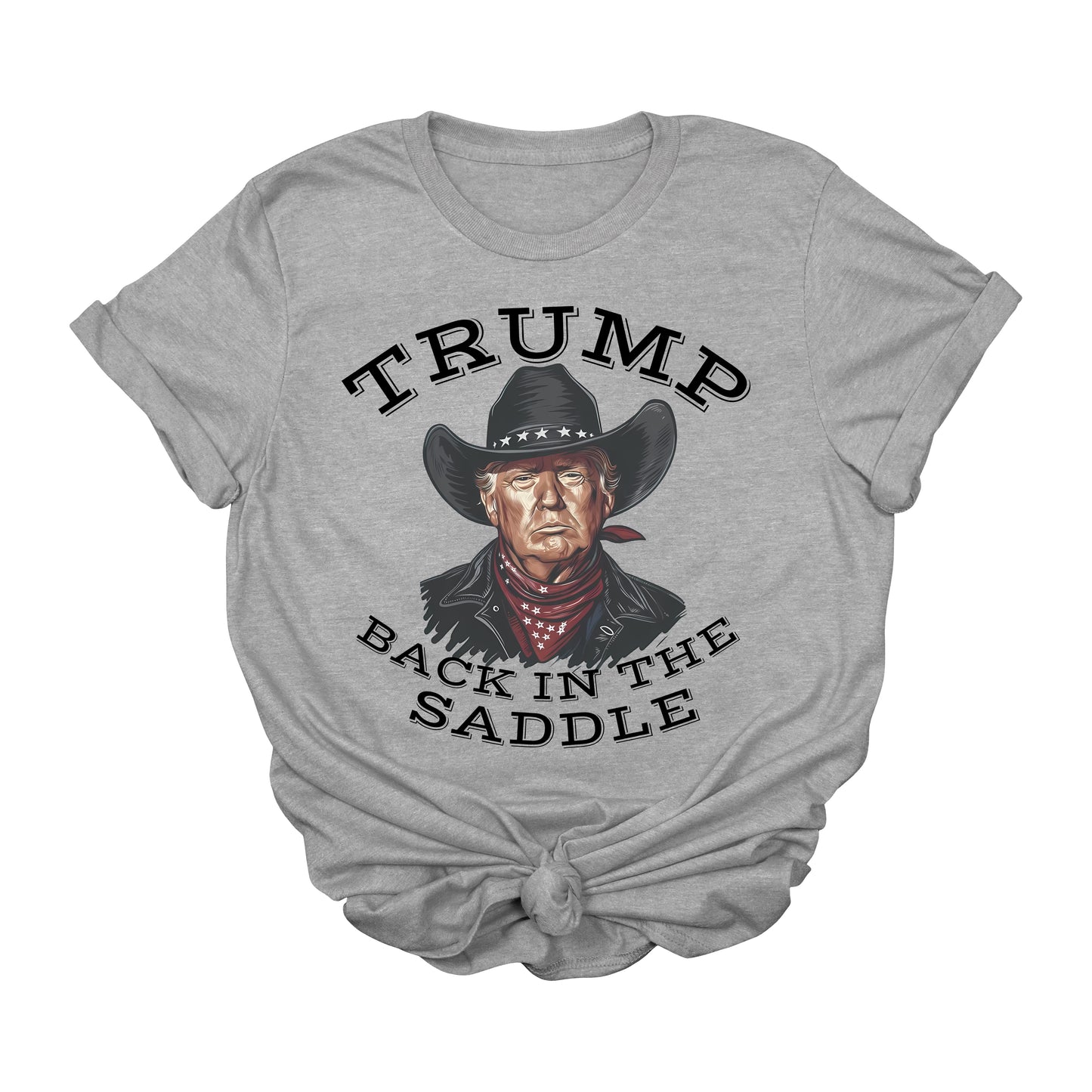 Trump Back in the Saddle T-Shirt | Cowboy Western Trump Graphic Tee | Political Comeback Shirt | Patriotic Conservative Apparel | Unisex USA T-Shirt