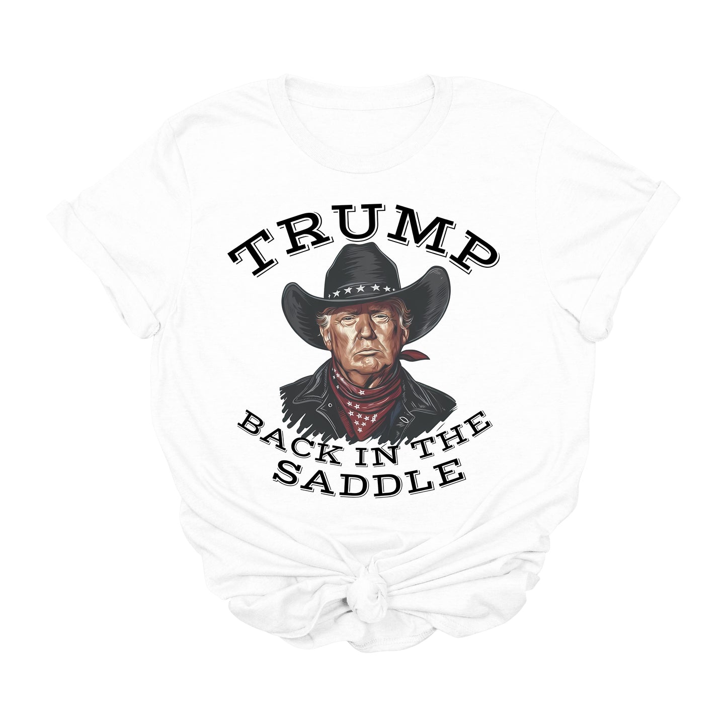 Trump Back in the Saddle T-Shirt | Cowboy Western Trump Graphic Tee | Political Comeback Shirt | Patriotic Conservative Apparel | Unisex USA T-Shirt