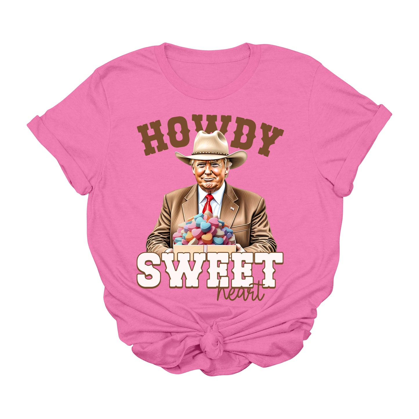 Howdy Sweetheart Trump T-Shirt | Funny Valentine’s Day Cowboy MAGA Graphic Tee | Conservative Western 2025 USA Shirt | Patriotic Heart Candy Tee