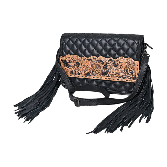 ADBG1668 – Hand-Tooled Quilted Leather Fringe Crossbody Bag | Genuine Western Purse by American Darling
