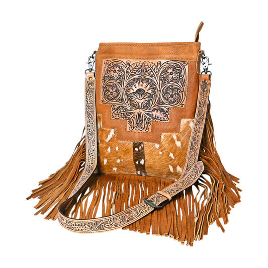ADBG256 – Axis Cowhide & Hand-Tooled Leather Messenger Bag with Fringe | Western Crossbody by American Darling