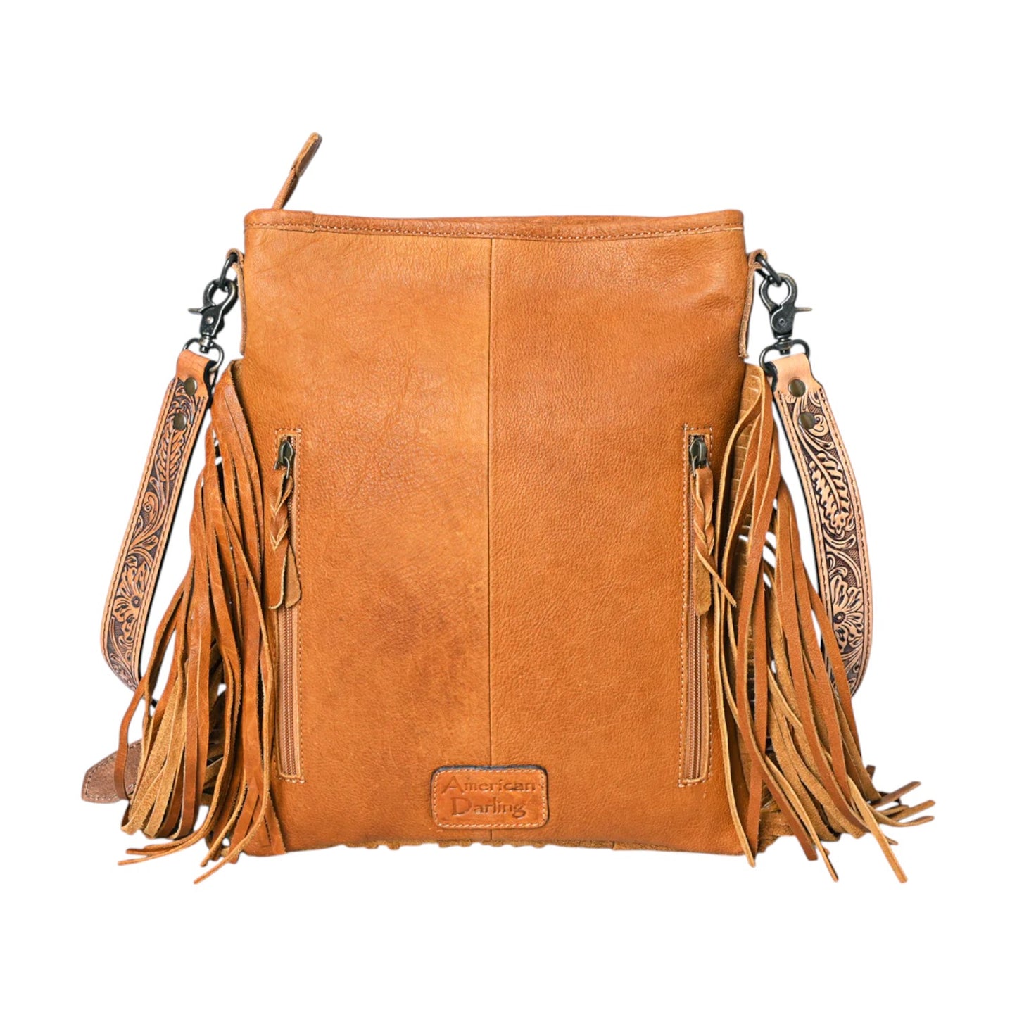 ADBG256 – Axis Cowhide & Hand-Tooled Leather Messenger Bag with Fringe | Western Crossbody by American Darling