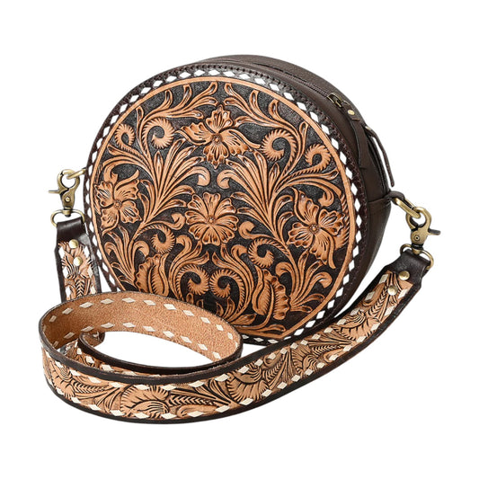 ADBGA305 Round Hand Tooled Leather Canteen Bag – Western Crossbody by American Darling