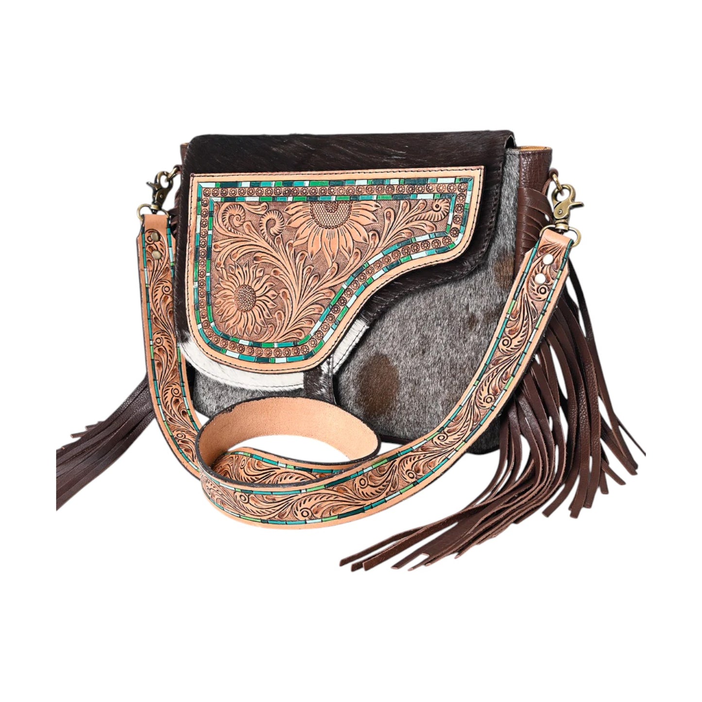ADBGA335 – Hand Tooled Cowhide Leather Crossbody Bag | American Darling Western Fringe Shoulder Purse