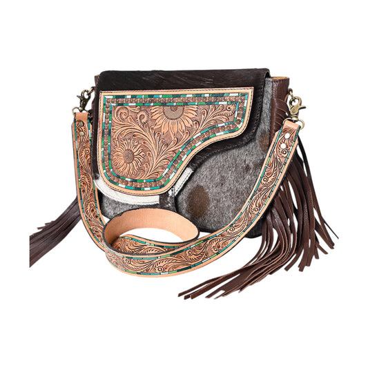 ADBGA335 – Hand Tooled Cowhide Leather Crossbody Bag | American Darling Western Fringe Shoulder Purse