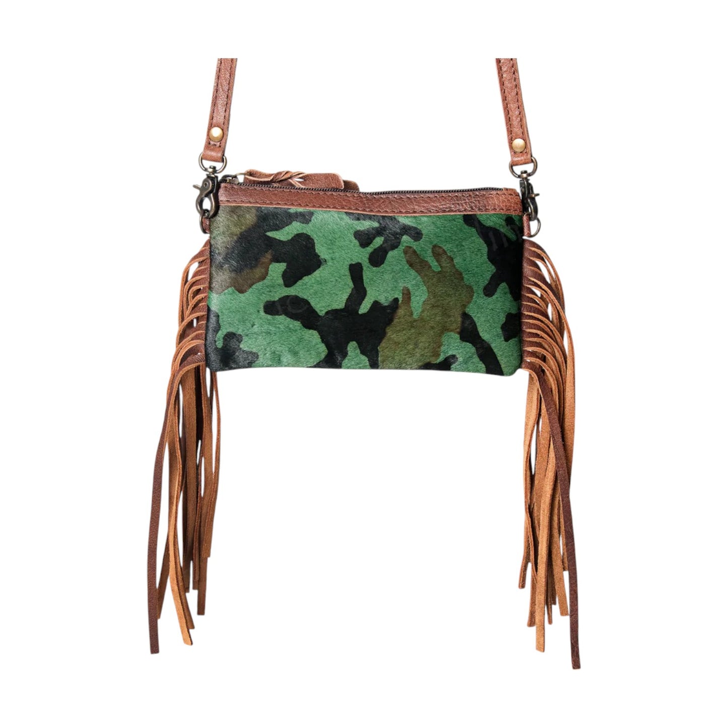 ADBGS142H Camo Cowhide Fringe Crossbody Bag – Genuine Leather Western Purse by American Darling