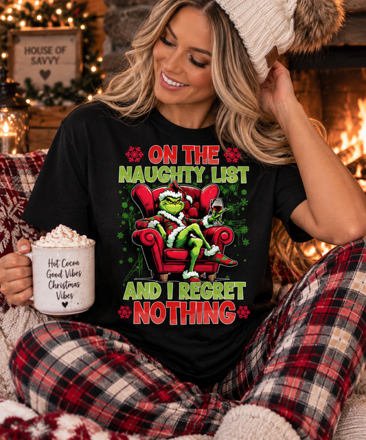 On the Naughty List & Regret Nothing Christmas Tee