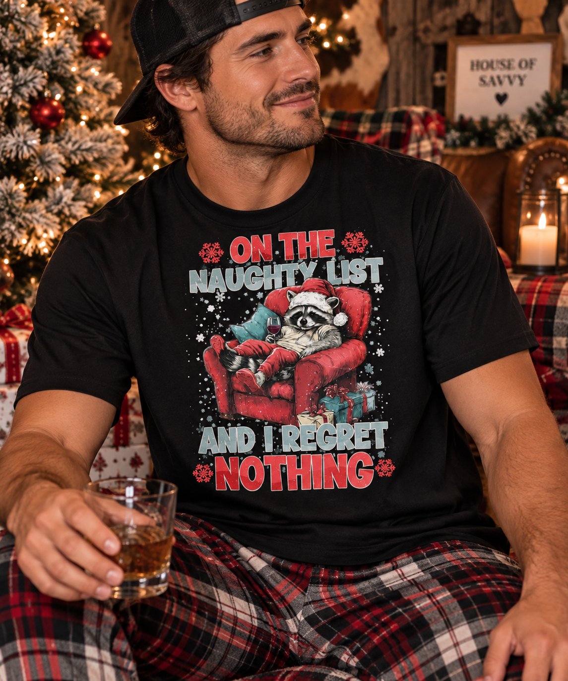 Naughty List Raccoon Funny Christmas Graphic Tee
