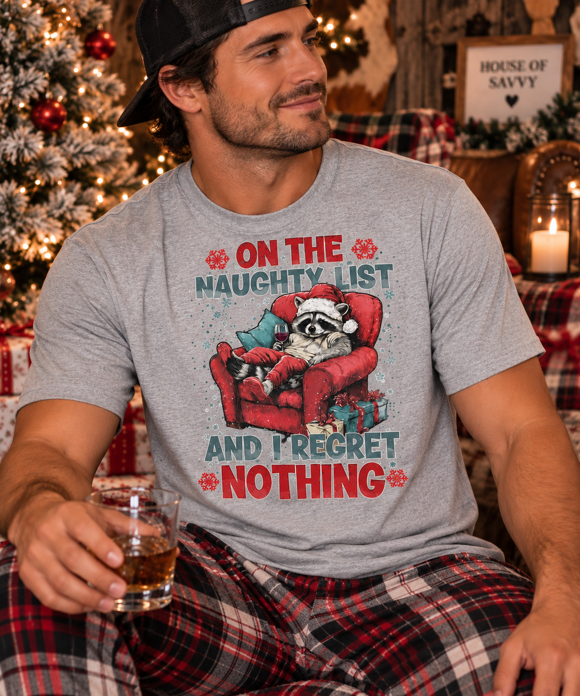 Naughty List Raccoon Funny Christmas Graphic Tee