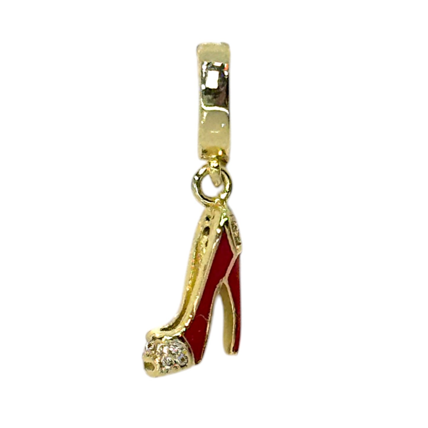 Red High Heel Charm – Rhinestone Shoe Pendant in Triple Plated 18K Gold with Clasp