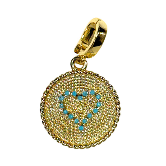 Turquoise Heart Medallion Charm – Textured Disc in Triple Plated 18K Gold with Clasp