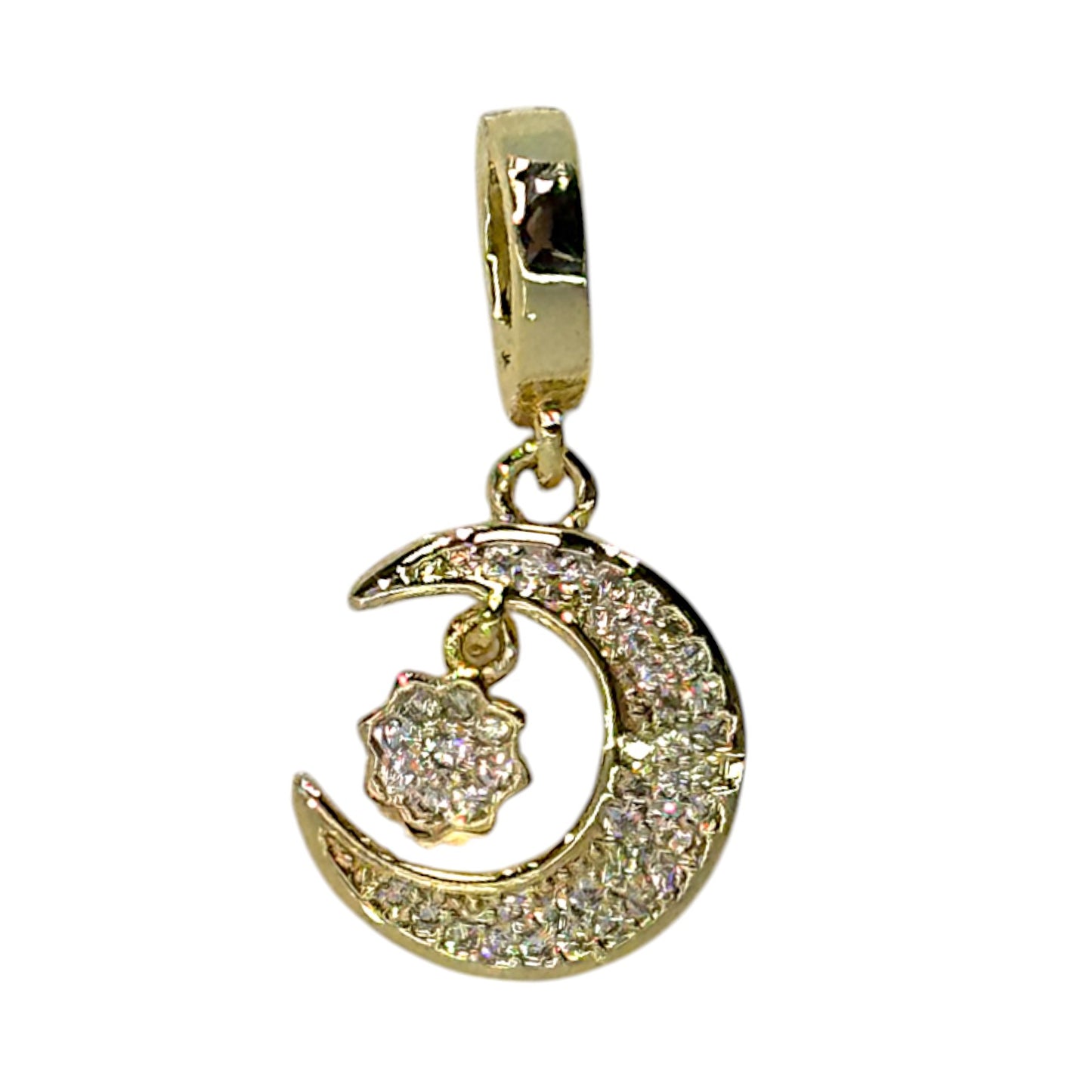 Moon & Star Charm – Rhinestone Celestial Pendant in Triple Plated 18K Gold with Clasp