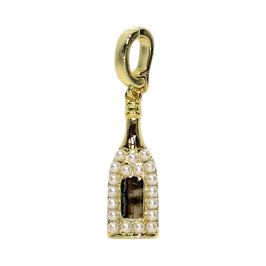 Champagne Bottle Charm – Pearl Accents in Triple Plated 18K Gold with Clasp