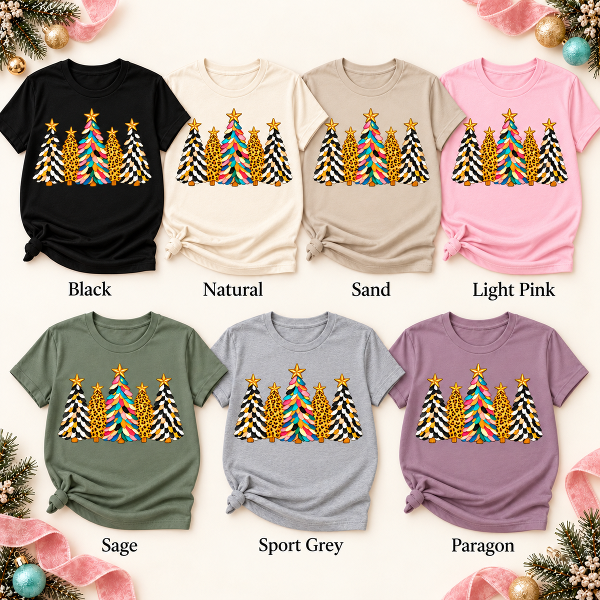 Leopard Print Christmas Trees Graphic Tee for Women