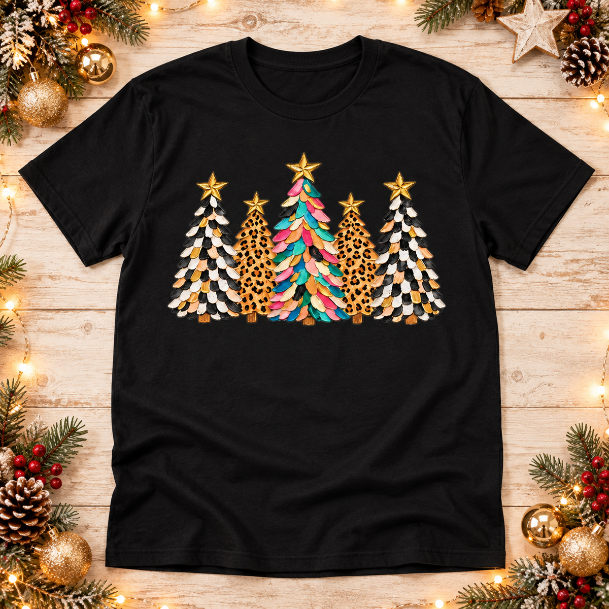 Leopard Print Christmas Trees Graphic Tee for Women