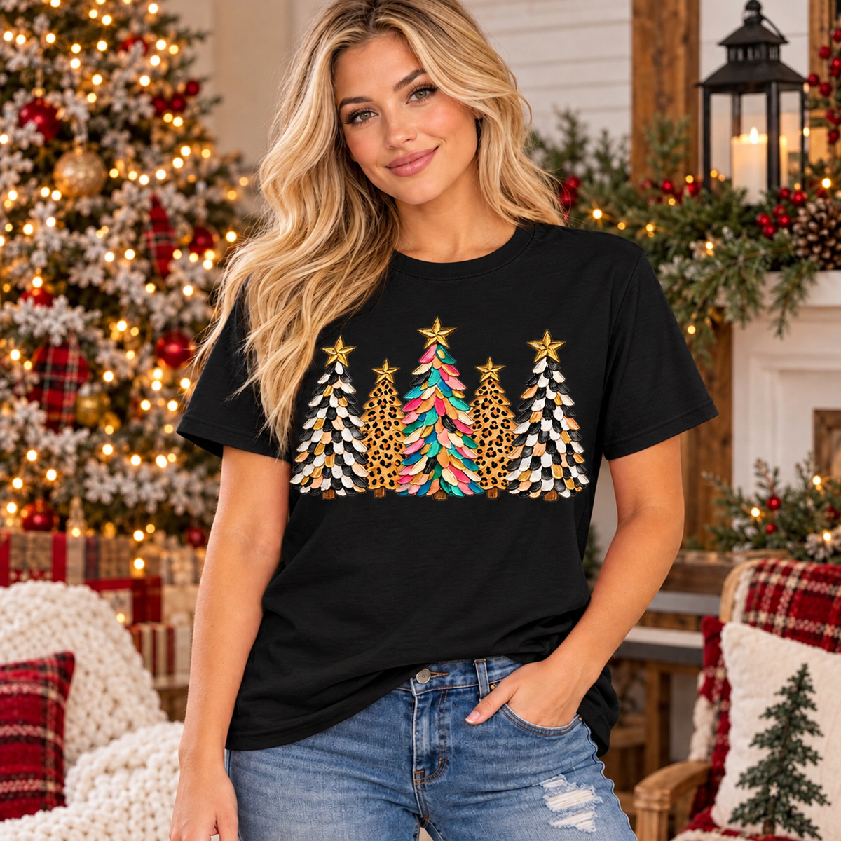 Leopard Print Christmas Trees Graphic Tee for Women