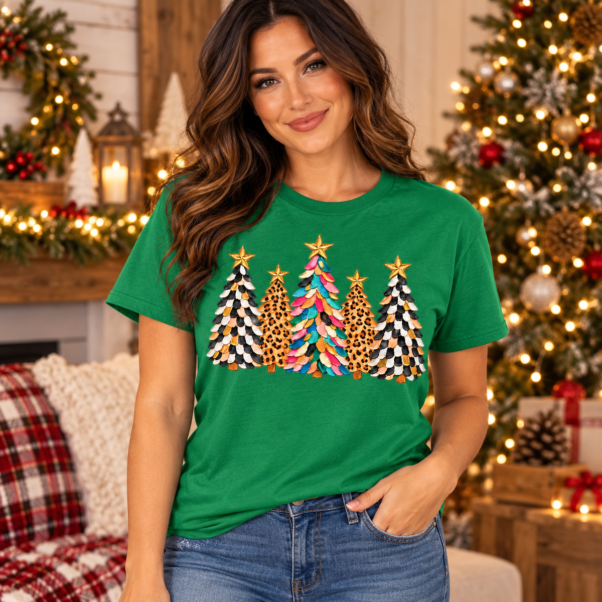 Leopard Print Christmas Trees Graphic Tee for Women
