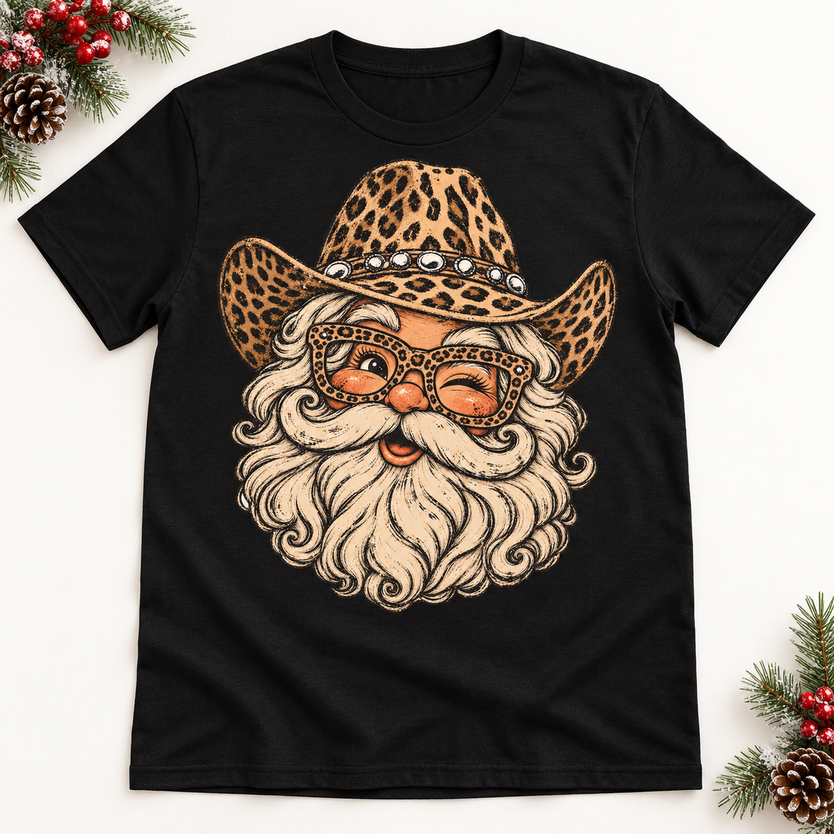 Leopard Print Cowgirl Santa Christmas Graphic Tee