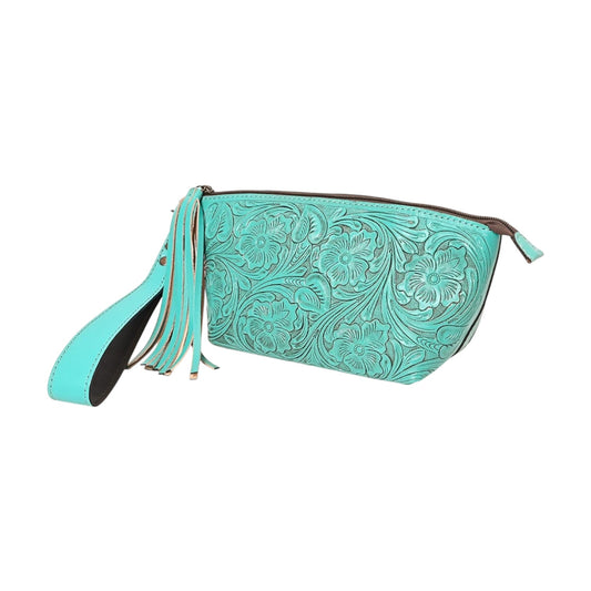 ADBG1234B – Hand-Painted & Hand-Tooled Turquoise Floral Leather Wristlet