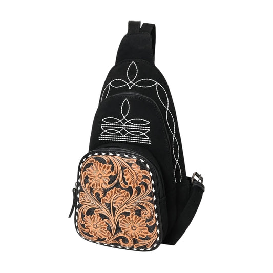 ADBG1573 – Western Suede Sling Bum Bag with Hand Tooled Leather & Boot Stitch