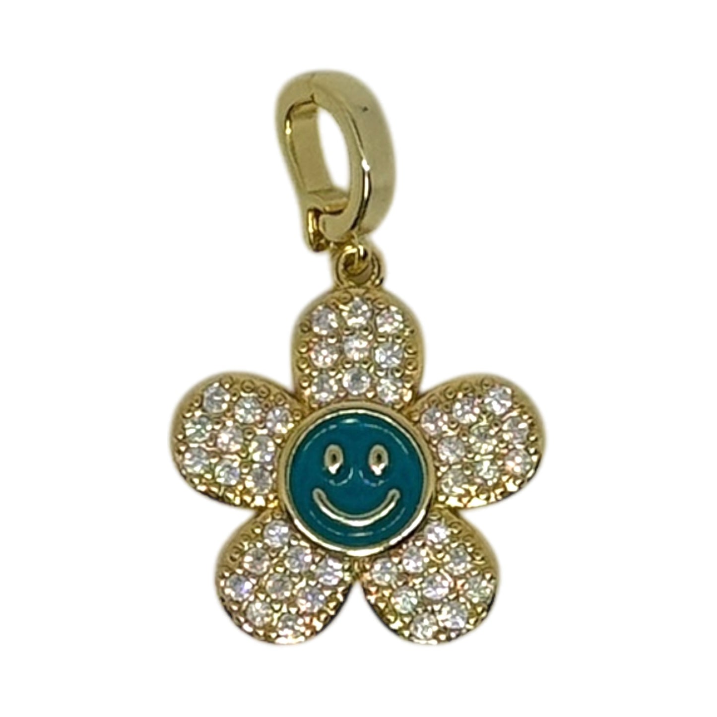 Smiley Flower Charm – Turquoise Enamel & Rhinestones in Triple Plated 18K Gold