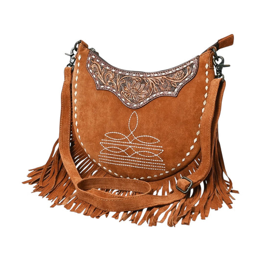 ADBG1663 – Suede Fringe Crossbody Bag with Hand-Tooled Leather