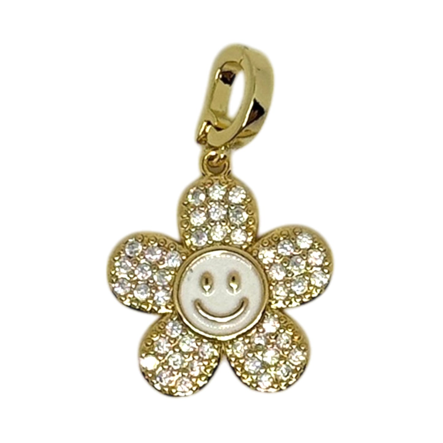 Smiley Flower Charm – White Enamel & Rhinestones in Triple Plated 18K Gold
