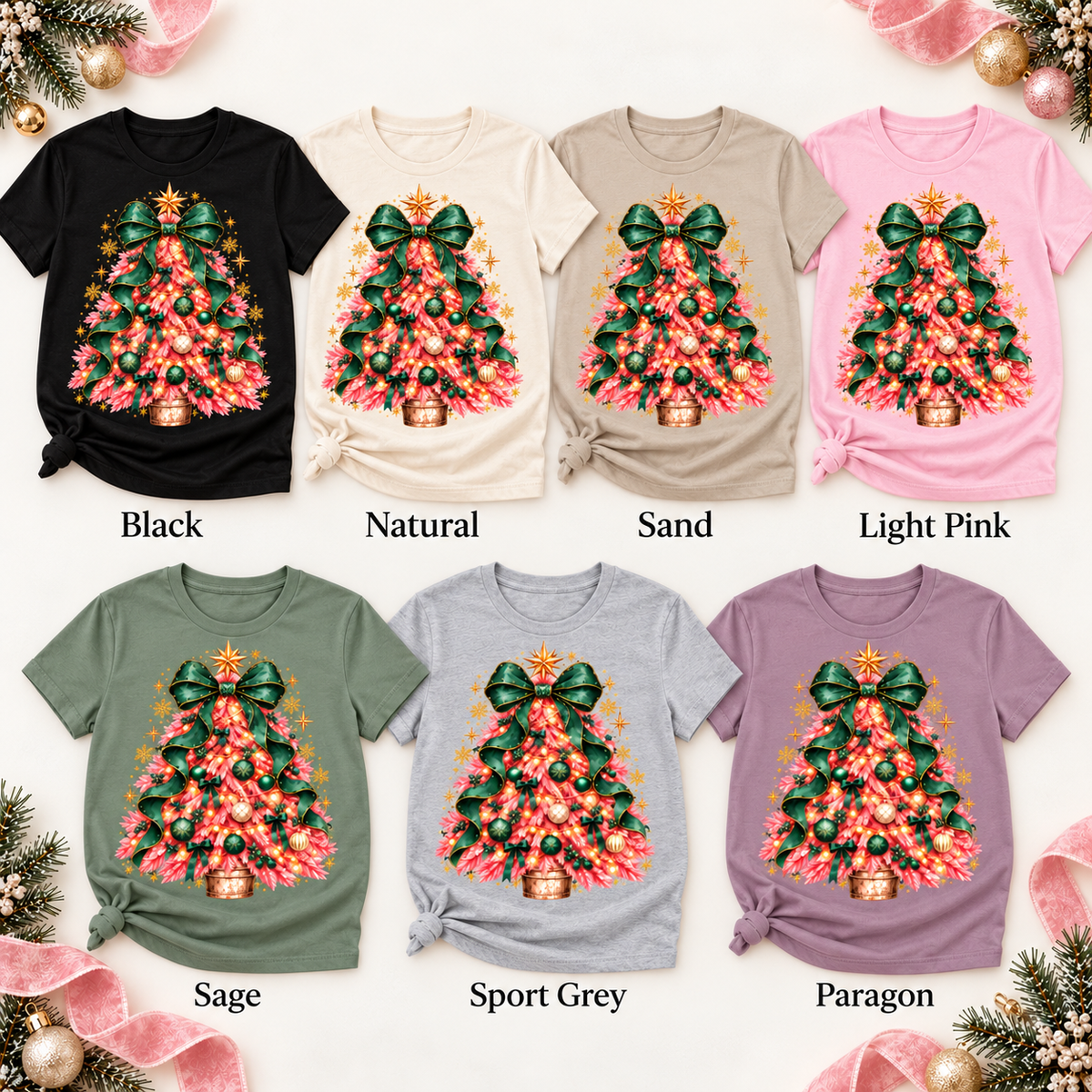 Pink Christmas Tree Coquette Bow Holiday Graphic Tee